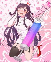  artist_name bandaged_leg bandages black_thighhighs blush breasts broken_heart caiinu danganronpa_(series) danganronpa_3_(anime) dark_persona draw_this_in_your_style_challenge dress drooling elbow_gloves eyelashes female full_body gloves hand_on_own_face hat heart heart-shaped_pupils high_heels highres holding holding_syringe long_hair mole mole_under_eye mouth_drool nurse_cap official_alternate_costume open_mouth outline oversized_object pink_eyes procreate_(medium) purple_hair red_shoes ringed_eyes shoes single_thighhigh smile solo symbol-shaped_pupils syringe teeth thighhighs tsumiki_mikan upper_teeth_only very_long_hair white_dress white_gloves white_hat white_outline 