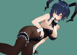  ahoge animal_ears aqua_background aqua_eyes bare_shoulders black_bow black_bowtie black_leotard blue_hair blush bow bowtie breasts brown_pantyhose cleavage collarbone commentary_request detached_collar dutch_angle fake_animal_ears female frilled_thigh_strap gloves hair_between_eyes high-waist_pantyhose highres invisible_chair large_breasts leotard leotard_lift looking_at_viewer mouth_hold nigo_(aozoragarou) original pantyhose playboy_bunny rabbit_ears short_hair simple_background single_glove sitting solo strapless strapless_leotard thigh_strap traditional_bowtie unworn_gloves wrist_cuffs 