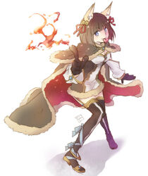  animal_ears bell black_gloves black_thighhighs bob_cut breasts brown_cape brown_dress cape chiya_(beastbeast) cleavage closed_mouth commentary_request dress female fire fox_ears fox_girl full_body fur-trimmed_cape fur-trimmed_dress fur_trim gloves hair_bell hair_ornament hair_ribbon heart jingle_bell looking_at_viewer medium_breasts official_alternate_costume pyrokinesis ragnarok_online red_cape red_ribbon ribbon sandals short_dress short_hair simple_background smile solo standing thighhighs two-sided_cape two-sided_fabric two-tone_dress warlock_(ragnarok_online) white_background white_dress yellow_sandals 
