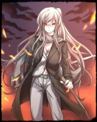  black_border black_jacket border breasts cleavage closed_mouth cloud commentary_request cowboy_shot danganronpa_(series) danganronpa_3_(anime) dark_persona embers eyelashes female glasses grey_hair grey_pants grey_scarf grey_shirt holding holding_sword holding_weapon jacket long_hair official_alternate_costume official_alternate_hairstyle open_clothes open_jacket pants pekoyama_peko red_eyes scarf shirt sky solo spoilers sword weapon zi_huahuo 