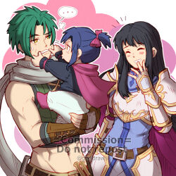  1boy 2girls armor astrid_(fire_emblem) baby black_hair cape carrying carrying_baby carrying_person cheek_pinching closed_eyes commission commissioner_upload estelle_(loneshadowstar) fingerless_gloves fire_emblem fire_emblem:_radiant_dawn gloves green_hair green_vest gzei highres if_they_mated long_hair multiple_girls non-web_source o3o original pauldrons pinching ponytail purple_cape shoulder_armor sothe_(fire_emblem) vest vgen_commission 