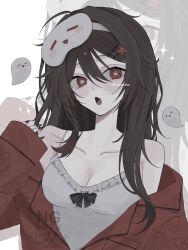  alternate_costume bare_shoulders black_bow black_bowtie black_nails blush boo_tao_(genshin_impact) bow bowtie breasts brown_hair camisole collarbone commentary_request female flower flower-shaped_pupils flower_hairpin genshin_impact ghost hair_ornament hairclip highres hu_tao_(genshin_impact) long_hair mihoyo open_mouth pajamas plum_blossoms red_eyes rurusorachan single_sleeve_past_wrist sleep_mask sleepwear small_breasts solo spaghetti_strap sparkle symbol-shaped_pupils white_camisole 