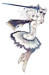  ahoge armpits black_cape black_hairband blue_cape blue_eyes blue_sword blush boots breasts cape choker closed_mouth crossed_arms detached_sleeves dress fantasy female floating frills from_side full_body gloves hair_ribbon hairband highres holding holding_sword holding_weapon jewelry jumping lace long_sleeves looking_at_viewer original ornate_weapon ribbon riuichi short_hair small_breasts smile solo standing sword twintails victory weapon white_background white_dress white_gloves white_hair 