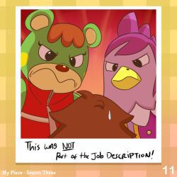  1:1 2022 angry animal_crossing anthro avian bangs beak bear becky_(animal_crossing) bird black_eyes bodily_fluids brown_hair charlise_(animal_crossing) cheek_spots chicken closed_beak closed_frown clothed clothed_anthro clothed_female clothing colored cookieboy011 digital_drawing_(artwork) digital_media_(artwork) english_description english_text eyelashes feathers female female_anthro frown frowning_at_another fur furrowed_brow galliform green_body green_fur group hair human larger_anthro larger_female light lighting male male_human mammal markings mostly_offscreen_character mostly_offscreen_human mostly_offscreen_male mouth_closed multicolored_body multicolored_fur nintendo no_pupils number phasianid photo purple_body purple_clothing purple_feathers purple_hair purple_shirt purple_topwear red_background red_clothing red_nose red_topwear red_vest shaded shirt short_hair simple_background size_difference smaller_human smaller_male story story_in_description sweat sweatdrop text title topwear trio vest villager_(animal_crossing) yellow_beak yellow_markings 
