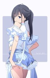  black_hair blue_eyes blue_shorts commentary_request dated female from_behind grey_background highres leotard looking_at_viewer looking_back medium_hair monai-chan_(nii_manabu) nii_manabu original ponytail shorts signature simple_background solo thighs two-tone_background white_leotard 