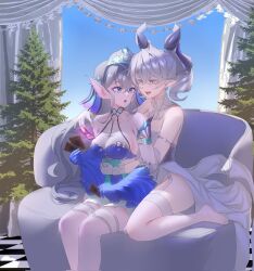  2girls bare_shoulders blue_eyes breasts card cleavage demon_girl demon_horns dress drill_hair duel_monster grey_eyes grey_hair highres holding holding_card horns kitkallos_(yu-gi-oh!) large_breasts long_hair lovely_labrynth_of_the_silver_castle multiple_girls rare_lemon sitting strapless strapless_dress tearlaments_kitkallos trading_card twin_drills white_dress yu-gi-oh! yuri 