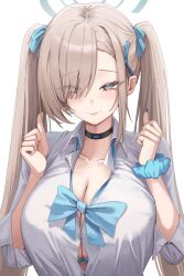  absurdres asuna_(blue_archive) asuna_(school_uniform)_(blue_archive) black_choker blonde_hair blue_archive blue_bow blue_bowtie blue_eyes blue_halo blue_ribbon bow bowtie bra bra_peek breasts button_gap choker cleavage closed_mouth collarbone commentary dated_commentary eyes_visible_through_hair female hair_over_one_eye hair_ribbon halo hands_up highres jun_daniell large_breasts long_hair ribbon scrunchie shirt smile solo twintails underwear upper_body very_long_hair white_shirt wrist_scrunchie 