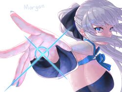  black_bow blue_eyes bow braid breasts character_name commentary_request fate/grand_order fate_(series) female hair_between_eyes hairbow half_up_braid highres large_breasts long_hair looking_at_viewer morgan_le_fay_(fate) morgan_le_fay_(first_ascension)_(fate) niwaikanai ponytail sideboob simple_background solo white_background white_hair 