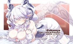  akaneya bare_shoulders breasts demon_girl demon_horns demon_wings dress drill_hair duel_monster female grey_eyes grey_hair horns large_breasts lovely_labrynth_of_the_silver_castle lying multiple_wings on_stomach pointy_ears solo transparent_wings twin_drills white_dress wings yu-gi-oh! 