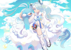  absurdres altaria aqua_eyes aqua_hair bird blue_gloves blush breasts commentary_request detached_sleeves eyes_visible_through_hair female flying_miku_(project_voltage) gloves hair_ornament hair_over_one_eye hatsune_miku highres holding holding_poke_ball long_hair long_sleeves looking_at_viewer medium_breasts multicolored_gloves official_alternate_costume official_alternate_hairstyle open_mouth penguin102 poke_ball pokemon pokemon_(creature) project_voltage see-through_clothes see-through_sleeves shirt sleeveless sleeveless_shirt socks twintails two-tone_gloves very_long_hair vocaloid waist_poke_ball white_shirt white_socks 