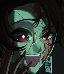  1boy absurdres black_background bright_pupils broken_mask brown_hair cracked_kawaii_mask diamond-shaped_pupils diamond_(shape) earrings empty_eyes fingernails hair_between_eyes hand_on_own_face hand_up highres i_am_muzan jewelry kamado_tanjirou kimetsu_no_yaiba long_fingernails looking_at_viewer male_focus mask nail_polish open_mouth red_eyes red_nails red_sun short_hair simple_background smile solo sparkling_eyes symbol-shaped_pupils teeth upper_body white_pupils 