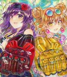  2girls alternate_costume alternate_hairstyle alto2019 black_dress black_hairband blonde_hair braid breasts cleavage commentary_request double_bun dress earrings eyewear_on_head flower hair_bun hair_flower hair_ornament hairband highres hijiri_byakuren hijiri_byakuren_(yao_bikuni_unleashed) jewelry looking_at_viewer multiple_girls necklace open_mouth pink-framed_eyewear power_fist purple_eyes purple_hair red_flower red_rose rose sample_watermark signature single_braid smile touhou touhou_lostword water_drop water_gun watermark watermark_grid yellow_eyes yorigami_jo'on yorigami_jo'on_(somewhat_successful_little_sister) 