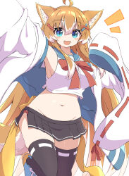  ahoge animal_ear_fluff animal_ears aqua_eyes arm_up belly black_skirt black_thighhighs blue_sailor_collar bow bowtie breasts cropped_shirt female foot_out_of_frame hair_between_eyes hair_ornament hairclip highres jacket jacket_partially_removed large_breasts light_blush long_hair looking_at_viewer miniskirt multicolored_hair navel oerba_yun_fang open_clothes open_jacket open_mouth orange_hair original pleated_skirt red_bow red_bowtie red_ribbon ribbon ribbon-trimmed_sleeves ribbon-trimmed_thighhighs ribbon_trim sailor_collar shirt shoes side_slit sidelocks simple_background skin_fang skirt sleeveless sleeveless_shirt sleeves_past_fingers sleeves_past_wrists smile solo standing standing_on_one_leg tail thighhighs toramaru2001710 two-tone_hair very_long_hair white_background white_hair white_jacket white_shirt wide_sleeves x_hair_ornament zettai_ryouiki 