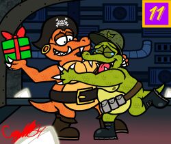  1:1 2022 4_fingers anthro belly belt bent_leg black_belt black_boots black_clothing black_eyes black_footwear black_hat black_headwear bodily_fluids boots brown_belt brown_boots brown_clothing brown_footwear captainquack64 christmas christmas_present claws closed_eyes clothing colored crying digital_drawing_(artwork) digital_media_(artwork) donkey_kong_(series) duo ear_piercing ear_ring english_description featureless_crotch finger_claws fingers footwear gift green_body green_helmet green_nipples green_scales green_tail hand_on_pec happy hat headgear headwear hi_res holding_gift holding_object holidays hoop_ear_ring hug hugging_another inside kaptain_skurvy klump kremling larger_male lidded_eyes light lighting looking_at_another male male_anthro multicolored_body multicolored_scales nintendo nipples non-mammal_nipples number on_one_leg open_mouth open_smile orange_body orange_scales orange_tail overweight overweight_anthro overweight_male pecs piercing pink_tongue pipe pirate_hat ring_piercing scales scalie sharp_teeth shoes signature size_difference smile smiling_at_another smiling_at_each_other standing tail tears tears_of_joy teeth text_box tongue toothy_grin two_tone_body two_tone_scales utility_belt wall_(structure) white_claws yellow_belly 
