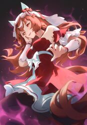  absurdres animal_ears aura black_thighhighs breasts brown_hair commentary detached_sleeves dress ear_covers ear_ribbon english_commentary female hair_between_eyes hair_ornament hand_on_own_cheek hand_on_own_face highres horse_ears horse_girl horse_tail long_hair open_mouth red_dress red_eyes ribbon smile solo still_in_love_(scarlet_vow_raiment)_(umamusume) still_in_love_(umamusume) tail thighhighs tiri umamusume veil white_veil 