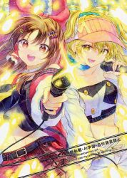  2girls alternate_costume alternate_hair_color alternate_headwear alto2019 belt black_belt black_shirt blonde_hair blue_choker blue_hair bow brown_eyes brown_hair choker clothes_writing commentary_request crop_top earrings frilled_bow frilled_hair_tubes frills hair_tubes hairbow hakurei_reimu hakurei_reimu_(lostword_live_2024) holding holding_microphone jacket jewelry kirisame_marisa kirisame_marisa_(lostword_live_2024) long_hair looking_at_viewer microphone midriff multicolored_hair multiple_girls music navel open_clothes open_jacket open_mouth plaid_clothes plaid_skirt red_bow red_skirt sample_watermark shirt singing skirt smile star_(symbol) star_earrings streaked_hair sweat touhou touhou_lostword two-tone_hair watermark watermark_grid yellow_eyes 
