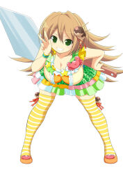  border breasts brown_hair cleavage collarbone crab dress female frilled_dress frills game_cg green_eyes grin hair_between_eyes hanging_breasts holding holding_spatula idol_clothes karasu_(senran_kagura) large_breasts leaning_forward leopard_print_dress long_hair looking_at_viewer multicolored_dress multicolored_skirt official_art orange_shoes oversized_object senran_kagura senran_kagura_new_wave shoes simple_background skindentation skirt sleeveless sleeveless_dress smile solo spatula standing takoyaki_hair_ornament teeth thighhighs v v-shaped_eyebrows white_background yellow_thighhighs 