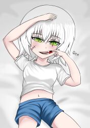  blue_shorts breasts cowboy_shot fate/apocrypha fate/extra fate/grand_order fate_(series) female green_eyes highres jack_the_ripper_(fate/apocrypha) kanata_genma looking_at_viewer mouth_hold navel non-web_source on_bed open_mouth scar scar_across_eye scar_on_cheek scar_on_face shirt short_hair shorts small_breasts solo source_request teeth white_hair white_shirt 