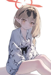  absurdres bad_id bad_pixiv_id bath_yukata black_headband blue_archive braid breasts brown_hair chinatsu_(blue_archive) chinatsu_(hot_spring)_(blue_archive) cleavage female hairband halo headband highres japanese_clothes kimono large_breasts lishu_(2013547716) long_hair looking_at_viewer official_alternate_costume open_clothes open_kimono pointy_ears red_halo side_braid simple_background sitting smile solo thighs white_background white_kimono yellow_eyes yukata 