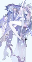  absurdres antlers blue_hair boots bridal_gauntlets copyright_request dress female folding_fan full_body hand_fan high_collar highres horns leaning_forward long_hair long_sleeves looking_at_viewer simple_background single_bridal_gauntlet smile solardark09 tail thigh_boots very_long_hair white_background white_boots white_dress 