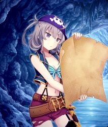  ahoge bandana belt bikini bikini_top_only black_garter_straps black_thighhighs blue_bikini blue_vest breasts brown_belt cave cleavage closed_mouth collarbone cowboy_shot female front-tie_bikini_top front-tie_top game_cg garter_straps grey_hair head_tilt holding holding_map jolly_roger looking_at_map map medium_hair navel official_art open_clothes open_vest pirate purple_bandana purple_eyes red_shorts sheath sheathed shichinosato_kofuki shorts small_breasts small_sweatdrop solo stalactite striped_bikini striped_clothes suspenders swimsuit sword thighhighs third-party_source toji_no_miko toji_no_miko:_kizamishi_issen_no_tomoshibi torn_clothes torn_shorts vest water weapon 