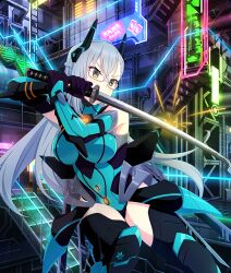  aqua_armor arm_armor armor bare_shoulders black_boots black_gloves blocking body_armor boots braid breasts cyberspace female game_cg gloves grey_hair hair_ornament half_up_braid holding holding_sword holding_weapon katana kitora_mirja knee_boots large_breasts long_hair neon_lights official_art solo sparks stairs stairwell sword third-party_source toji_no_miko toji_no_miko:_kizamishi_issen_no_tomoshibi weapon yellow_eyes 