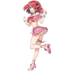  :d arms_up ass_peek bikini bikini_skirt bracelet breasts dolphin_hair_ornament dolphin_wave female flower from_behind full_body game_cg hair_flower hair_intakes hair_ornament high_heel_sandals high_heels highres jewelry looking_at_viewer looking_back medium_hair necklace non-web_source official_art ootomo_takuji open_mouth pink_bikini pink_shoes red_hair sakimiya_kohari sandals shoes small_breasts smile solo swimsuit transparent_background two_side_up 