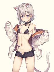  animal_ears bandaid_on_thigh bare_shoulders bell bikini bikini_shorts bikini_under_clothes black_bikini black_collar black_shorts blue_eyes breasts cat_ears cat_girl cat_tail collar ear_piercing expressionless extra_ears female grey_hair highres jacket long_sleeves micro_shorts mouse_hair_ornament navel neck_bell off_shoulder open_clothes open_fly open_jacket original piercing ryuudog short_hair shorts simple_background small_breasts stomach stomach_tattoo swimsuit tail tattoo two-sided_fabric two-sided_jacket white_background white_jacket 