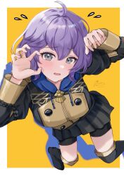  ahoge bernadetta_von_varley black_boots black_shorts black_skirt blush boots breasts claw_pose female fire_emblem fire_emblem:_three_houses from_above garreg_mach_monastery_uniform grey_eyes highres long_sleeves looking_at_viewer looking_up medium_breasts mugitoro_(dsfv2277) open_mouth purple_hair short_hair shorts shorts_under_skirt simple_background skirt solo thigh_boots thighs 