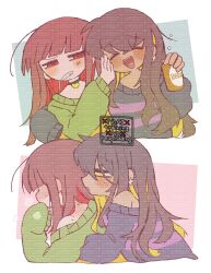  2girls anger_vein back_blush beer_can blonde_hair blue_sweater blush blush_stickers breasts brown_hair can chara_(undertale) closed_eyes colored_inner_hair commentary_request dark-skinned_female dark_skin drink_can drunk ear_blush earrings frisk_(undertale) genderswap_(otf) green_sweater highres hug hug_from_behind jewelry long_hair long_sleeves looking_at_another mr0x0 multicolored_hair multiple_girls open_mouth purple_sweater pushing_away red_eyes rule_63 shirt smile sweater too_many_watermarks undertale unusually_open_eyes utdr_(toby_fox) watermark watermark_grid yellow_sweater yuri 
