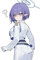  ? absurdres aoi_(blue_archive) ass blue_archive blue_eyes blue_hair blue_halo collared_jacket commentary_request cropped_jacket earclip female gloves halo hand_on_own_ass highres jacket long_sleeves looking_at_viewer looking_back mole mole_under_eye pantylines pointy_ears ribbed_skirt short_hair simple_background skirt solo tay_(cdjk7758) white_background white_gloves white_jacket white_skirt 