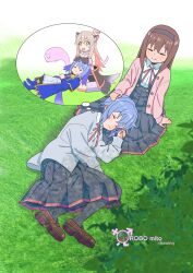  3girls :3 :d absurdres ahoge animal_ear_fluff animal_ears animal_hands artist_name black_hairband black_pantyhose black_skirt blue_hair brown_hair brown_shoes circle_skirt commentary copyright_name day dog_ears dog_girl dog_tail dreaming fujimi_nemu fushimi_nodoka gloves grass hairband hand_on_another's_head highres jacket lap_pillow light_blush loafers long_hair long_sleeves male-female_symbol multiple_girls neck_ribbon oerba_yun_fang on_grass onii-chan_wa_oshimai! open_clothes open_jacket open_mouth outdoors oyama_mahiro pantyhose paw_gloves paw_shoes pink_hair pink_jacket pleated_skirt red_ribbon ribbon robomito school_uniform shoes short_hair skirt sleeping smile speech_bubble suspender_skirt suspenders tail thought_bubble yotsuba_university_affiliated_junior_high_school_uniform 