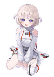  absurdres blonde_hair breasts clothing_cutout commentary_request female highres hololive hololive_dev_is leotard looking_at_viewer multicolored_hair nail_polish pleated_skirt purple_eyes purple_hair purple_nails shirakabamoga shoes short_hair shoulder_cutout shrug_(clothing) simple_background single_thighhigh sitting skirt small_breasts solo streaked_hair thighhighs todoroki_hajime todoroki_hajime_(regloss_uniform) virtual_youtuber wariza white_background white_leotard white_shoes white_shrug white_skirt white_thighhighs 