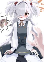  1boy absurdres arm_support black_dress black_eyes black_necktie blonde_hair blue_archive blush bright_pupils brown_hair brown_ribbon buttons collared_shirt commentary double-breasted dress dress_shirt embarrassed eyeball_hair_ornament female grey_hair hair_intakes hair_over_one_eye halo highres kanoe_(blue_archive) long_bangs long_hair long_sleeves looking_at_viewer multicolored_eyes multicolored_hair neck_ribbon necktie no_ra339 nose_blush one_eye_closed open_mouth orange_hair orange_halo pinafore_dress pov pov_hands puffy_long_sleeves puffy_sleeves rena_(blue_archive) ribbon school_uniform sensei_(blue_archive) shirt simple_background sleeveless sleeveless_dress smile solo_focus speech_bubble spoken_character straight straight-on streaked_hair sweatdrop twintails two-tone_eyes two_side_up very_long_hair white_background white_pupils white_shirt 