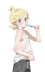  1boy absurdres ahoge alternate_costume blonde_hair blue_eyes breath clemont_(pokemon) food from_side glasses hand_up highres holding hot looking_at_viewer looking_to_the_side male_focus medium_hair pants pokemon pokemon_xy pokesudal popsicle round_eyewear shirt simple_background sleeveless sleeveless_shirt solo sweat wet wet_clothes wet_shirt white_background 