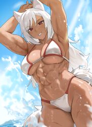  abs absurdres animal_ear_fluff animal_ears armpits arms_behind_head arms_up bikini borrowed_character breasts commission dark-skinned_female dark_skin day female grin highleg highleg_bikini highres large_breasts long_hair looking_at_viewer muscular muscular_female navel noras ocean original outdoors parted_lips red_eyes scar scar_on_arm scar_on_face scar_on_nose scar_on_stomach scar_on_thighs smile solo splashing stomach swimsuit tail tan underboob very_long_hair water white_bikini white_hair wolf_ears wolf_girl wolf_tail 