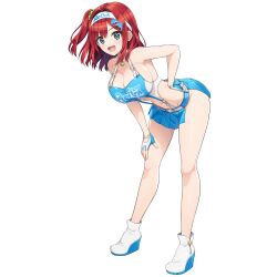  bent_over blue_skirt blue_slingshot_swimsuit breasts cleavage dolphin_hair_ornament dolphin_wave female fingerless_gloves full_body game_cg gloves green_scrunchie groin hair_intakes hair_ornament hair_scrunchie hand_on_own_hip hand_on_own_thigh headband high_heels highres large_breasts looking_at_viewer medium_hair navel non-web_source official_art one_side_up ootomo_takuji open_mouth rebirth_for_you red_hair sakimiya_iruka scrunchie skirt slingshot_swimsuit smile solo swimsuit transparent_background two-tone_slingshot_swimsuit white_headband white_slingshot_swimsuit 