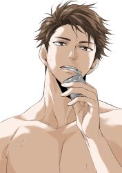  1boy brown_eyes brown_hair collarbone commentary_request condom condom_in_mouth haikyuu!! highres holding holding_condom looking_at_viewer male_focus mouth_hold nude oikawa_tooru_(haikyuu!!) sac_hi9 short_hair simple_background solo sweat teeth white_background 