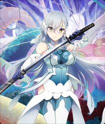  bare_shoulders blue_bodysuit blue_gloves bodysuit breasts closed_mouth clothing_cutout cosplay cowboy_shot detached_sleeves drawing_sword female game_cg glasses gloves grey_hair hair_ornament hip_vent holding holding_sheath holding_sword holding_weapon katana kitora_mirja large_breasts long_hair looking_at_viewer magical_girl official_art purple-framed_eyewear sheath solo sword third-party_source toji_no_miko toji_no_miko:_kizamishi_issen_no_tomoshibi tougou_mimori tougou_mimori_(cosplay) unsheathing very_long_hair weapon white_sleeves yellow_eyes yuuki_yuuna_wa_yuusha_de_aru yuusha_de_aru 