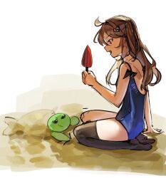  ame0 asymmetrical_legwear bat_wings black_socks black_thighhighs black_wings blue_one-piece_swimsuit broken_heart broken_heart_hair_ornament brown_hair commentary evil_neuro-sama female from_side full_body hashtag-only_commentary heart highres holding holding_shovel long_hair one-piece_swimsuit open_mouth profile red_eyes sand seiza shovel single_sock single_thighhigh sitting socks solo swimsuit thighhighs turtle two_side_up uneven_legwear vedal987 vedal_ai virtual_youtuber wings 