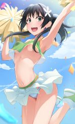  :d black_hair blue_eyes blue_sky breasts cheering cheerleader cloud commentary_request commission confetti crop_top female flower hair_flower hair_ornament highres holding holding_pom_poms jumping k3rd long_hair navel no_bra panties pom_pom_(cheerleading) ponytail saten_ruiko skeb_commission skirt sky small_breasts smile solo stomach teeth toaru_kagaku_no_railgun toaru_majutsu_no_index underboob underwear upper_teeth_only white_panties white_skirt 