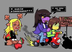  1her0 2025 2_horns ambiguous_gender anthro antlers blonde_hair bodily_fluids bouquet brown_hair buckteeth clothed clothing deer deltarune dialogue digital_media_(artwork) driving english_text female flower flower_bouquet freckles fur grey_background group hair hi_res homophobic_slur horn human kneeling kris_dreemurr mammal new_world_deer noelle_holiday open_mouth plant purple_body reindeer reptile rose_(flower) scalie sign simple_background speech_bubble susie_(deltarune) tail tears teeth text tricycle trio undertale_(series) vehicle 