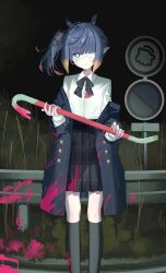  animal_ears black_bow black_bowtie black_socks blazer blood blood_on_clothes blood_on_face blood_on_ground blood_on_hands blood_on_weapon blood_splatter blood_stain blue_coat blue_eyes blunt_bangs bow bowtie buttons choppy_bangs coat coat_partially_removed collared_shirt crowbar dark_background diamond_hair_ornament eyepatch female flat_chest gradient_hair grass hair_ornament hairpin highres highway holding holding_crowbar hololive hololive_english holomyth jacket kneehighs lapel_pin long_coat long_sleeves looking_at_viewer medical_eyepatch medium_hair mole mole_under_eye multicolored_hair nail_polish night ninomae_ina'nis ninomae_ina'nis_(school_uniform) official_alternate_costume official_alternate_hairstyle orange_hair outdoors pink_blood pink_hair pink_nails plaid_clothes plaid_skirt pleated_skirt pointy_ears ponytail purple_hair road_sign school_uniform shirt shirt_tucked_in side_ponytail sidelocks sign skirt smile socks solo standing star-shaped_pupils star_(symbol) staring symbol-shaped_pupils takodachi_(ninomae_ina'nis) tentacle tentacle_hair two-tone_hair umiikuru virtual_youtuber weapon white_shirt 