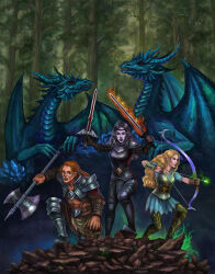  2019 4_fingers 5_fingers abs absurd_res ambiguous_feral ambiguous_gender anthro armor axe bared_teeth blue_body blue_scales blue_wings bow_(weapon) bracers braided_hair cheek_frill claws clothed clothed_human clothed_male clothing crystal detailed_background dragon empty_eyes european_mythology evivan fangs female feral fingers forest frostgod_and_winterstarr fully_clothed fully_clothed_human fully_clothed_male gladiator_(sacred) grey_hair group hair hi_res holding_skull horn human long_hair long_snout lying maegalcarwen magic male mammal melee_weapon membrane_(anatomy) membranous_wings midriff multi_horn muscular muscular_human muscular_male mythological_creature mythological_scalie mythology neck_spikes outside plant quadruped ranged_weapon red_eyes red_hair sacred_(video_game) sacred_(video_game_series) scales scalie sharp_teeth snout standing sword tan_hair teeth thq_nordic tree vampire vampiress_(sacred) ventral_scales weapon western_dragon wing_claws wings wood_elf 