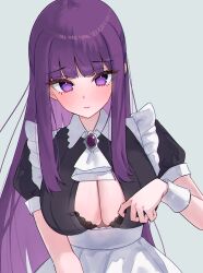  alternate_costume apron blush bra bra_peek breasts brooch cleavage commentary english_commentary enmaided female fern_(sousou_no_frieren) frills highres jewelry long_hair looking_at_viewer magui3 maid puffy_short_sleeves puffy_sleeves purple_eyes purple_hair short_sleeves simple_background solo sousou_no_frieren straight_hair underwear very_long_hair white_apron 