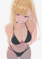  absurdres arms_behind_back bare_shoulders blonde_hair blush breasts cleavage collarbone cowboy_shot eyelashes female ganetto29 highres kitagawa_marin large_breasts long_hair navel parted_lips red_eyes simple_background smile solo sono_bisque_doll_wa_koi_wo_suru white_background 