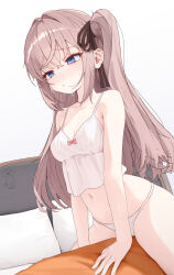  absurdres auuufox babydoll blue_eyes blush bow breasts brown_hair cleavage closed_mouth collarbone cowboy_shot female hair_ribbon hairbow highres long_hair navel on_bed original panties pillow ribbon side_ponytail small_breasts solo straddling underwear upright_straddle white_babydoll white_panties 
