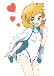  absurdres aqua_eyes blush breasts collarbone commentary_request covered_navel eyelashes female finger_to_own_chin heart highres jacket jacket_on_shoulders kasumi_(pokemon) kisama_(0213) medium_hair one-piece_swimsuit open_mouth orange_hair pokemon pokemon_hgss simple_background smile solo swimsuit teeth upper_teeth_only white_background white_jacket white_one-piece_swimsuit 