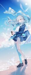  bag bandaid bandaid_on_leg beach black_shoes blue_eyes blue_jacket blue_skirt blue_thighhighs can closed_mouth cloud cloudy_sky female floating_hair grey_hair highres holding holding_can jacket loafers long_hair looking_at_viewer miwano_rag open_clothes open_jacket original scarf school_bag school_uniform shirt shoes single_thighhigh skirt sky solo thighhighs very_long_hair white_shirt 