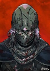  1boy blood blood_on_clothes blue_cape cape commentary creighton_of_mirrah dark_souls_(series) dark_souls_ii english_commentary garoshu_art grey_eyes grey_hair grey_tunic helmet highres looking_at_viewer male_focus mask masked red_background short_hair solo tunic upper_body 